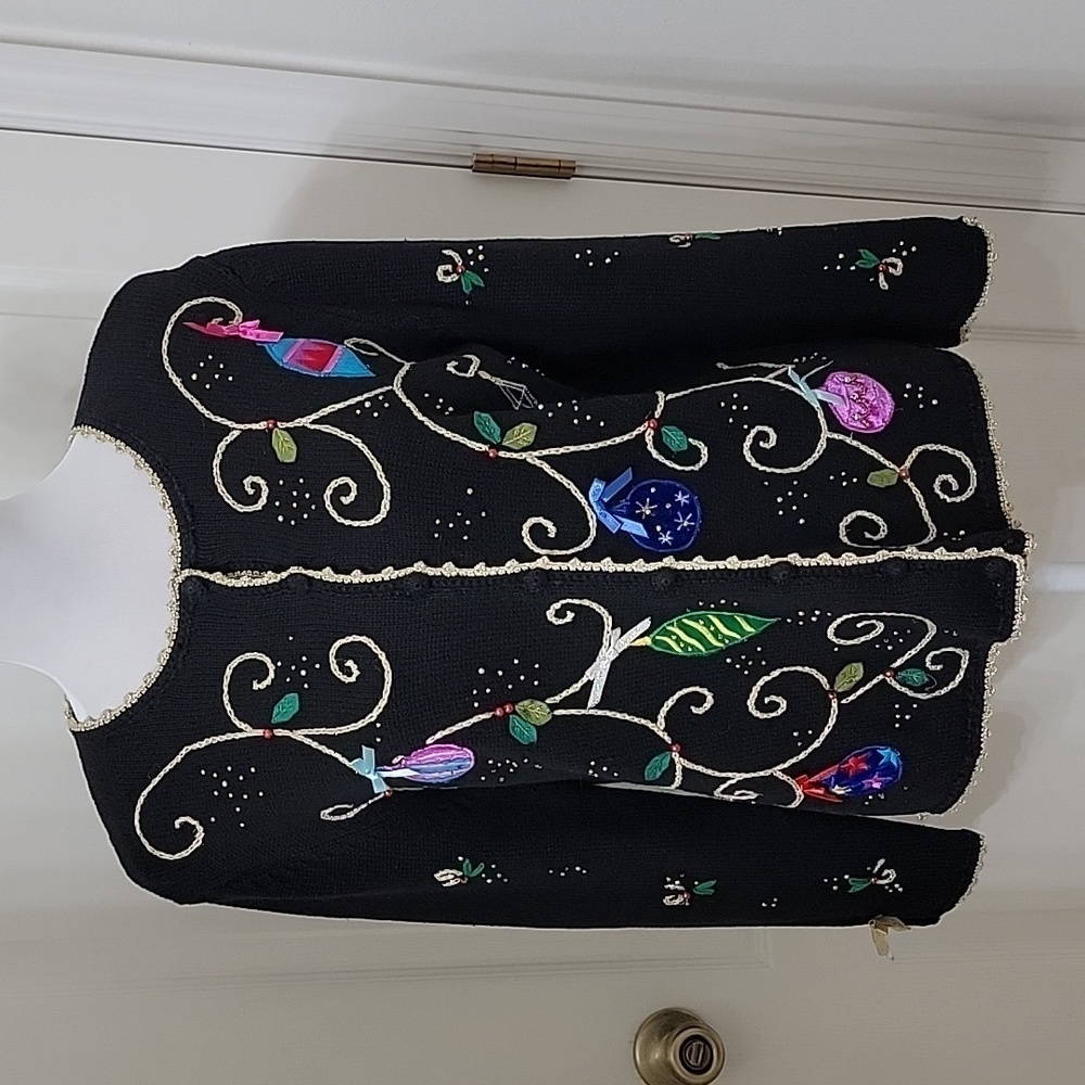 Designers Originals Studio JOY Size M Black Ugly Christmas Sweater w/Ornaments - Picture 1 of 12